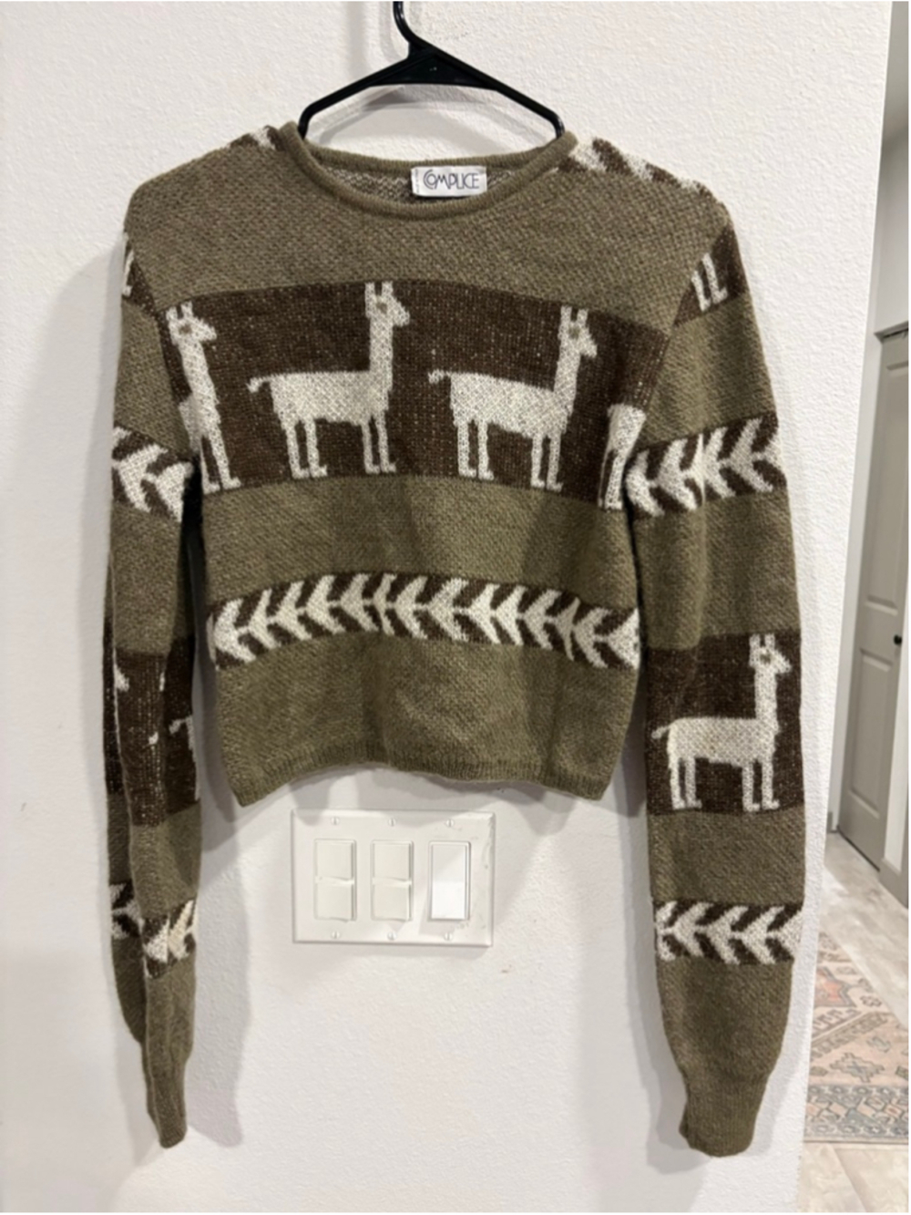 Women's Complice Green & Brown Llama Crew Neck Sweater